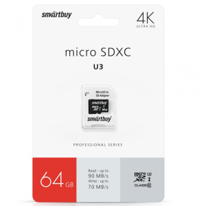 Micro SDHC карта памяти 64ГБ SmartBay Class 10 U3 PRO с адаптером (SB64GBSDCL10U3-01) (48132)