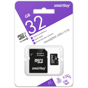 Micro SDHC карта памяти 32ГБ SmartBay cl10 U1 V10 для видеонаблюдения с адаптером (45677)