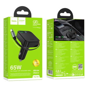 Разветвитель в прикуриватель 1USB и 1 Tupe-C HOCO NZ18 с выдвижным кабелем Tupe-C, 65W,QC3.0 (05316)